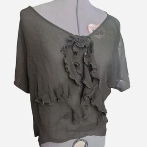 Sheer Brown Ruffle Blouse - Matty M (S)Lightweight, very sheer drapey blouse